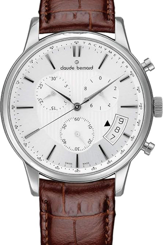 Claude Bernard 42mm White Dial Silver Case Brown Leather Strap Watch