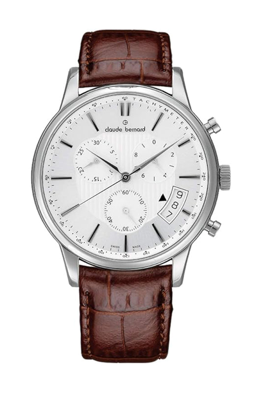 Claude Bernard 42mm White Dial Silver Case Brown Leather Strap Watch