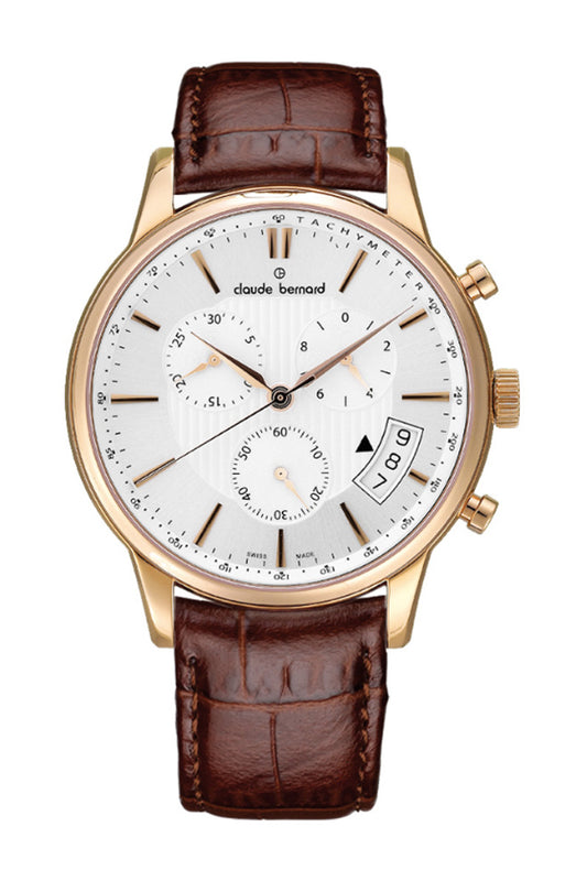 Claude Bernard 42mm White Dial Rose Gold Case Brown Leather Strap Watch