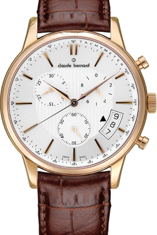 Claude Bernard 42mm White Dial Rose Gold Case Brown Leather Strap Watch