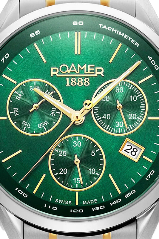 Roamer Pro Chrono 43.5mm Green Dial Two Tone Stainless Steel Strap Watch