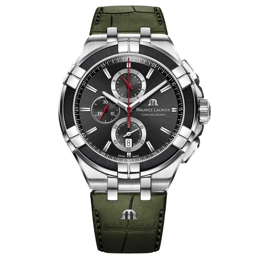 Maurice Lacroix AIKON Quartz Chronograph 44mm Black Dial Green Leather Strap Watch