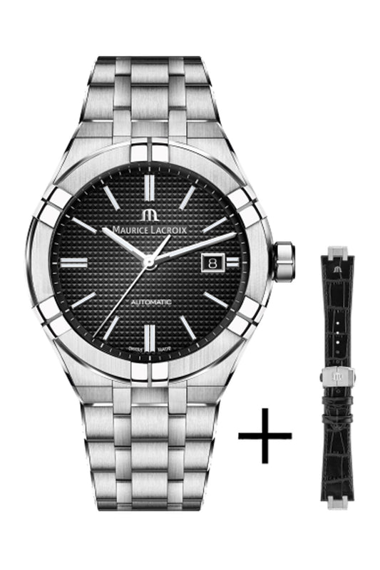 Maurice Lacroix 42mm Black Dial Easy Change Black Leather and Stainless Steel Strap Watch