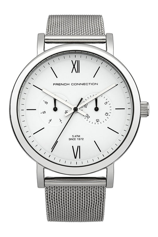 French Connection Gents 34mm White Dial Stainless Steel Mesh Strap Watch