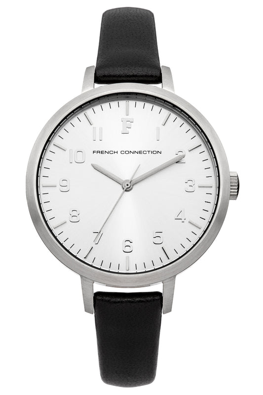 French Connection Rosebery 36mm White Dial Black Calf Leather Strap Watch
