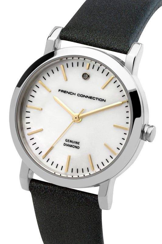 French Connection Catherine Diamond 34mm Mother of Pearl Dial Black Leather Strap Watch