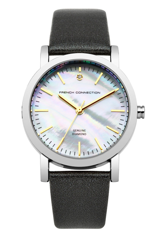 French Connection Catherine Diamond 34mm Mother of Pearl Dial Black Leather Strap Watch