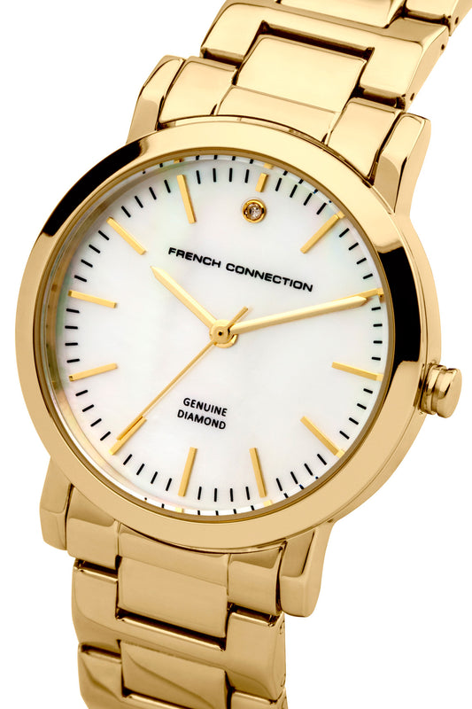 French Connection Catherine Diamond 34mm Mother of Pearl Dial Gold Strap Watch