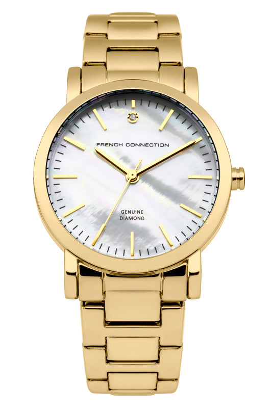 French Connection Catherine Diamond 34mm Mother of Pearl Dial Gold Strap Watch