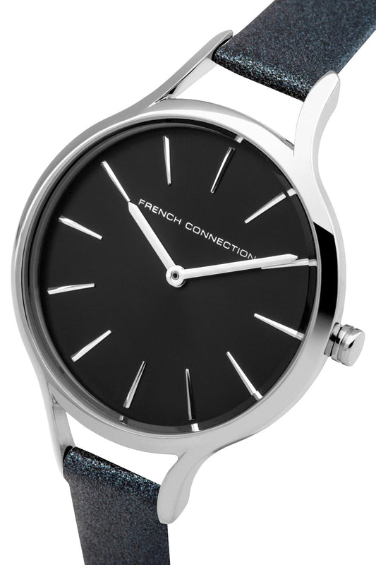 French Connection 32mm Black Dial Black Leather Strap Watch