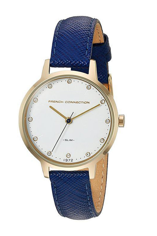 French Connection Mulberrt 30mm White Dial Blue Saffiano Leather Strap Watch