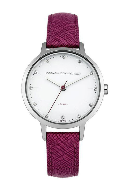 French Connection Mulberrt 30mm White Dial Purple Saffiano Leather Strap Watch