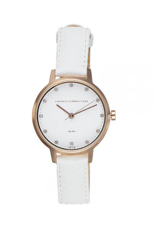 French Connection Mulberrt 30mm White Dial White Saffiano Leather Strap Watch