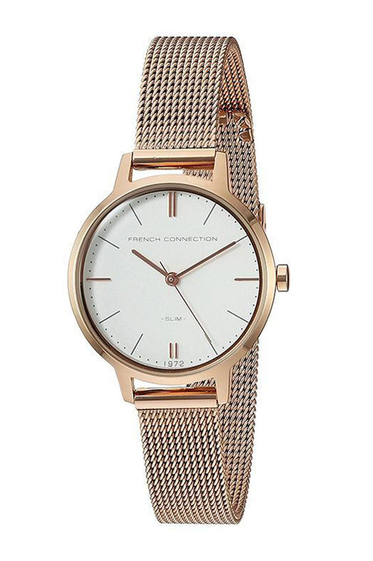 French Connection 30mm White Dial Rose Gold Mesh Strap Watch