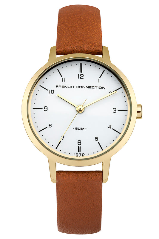 French Connection 30mm White Dial Tan Leather Strap Watch