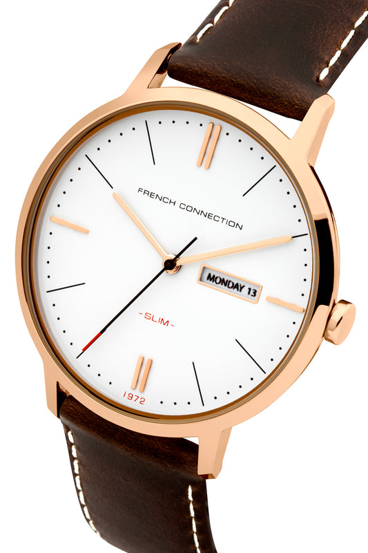 French Connection Newgate 39mm White Dial Brown Leather Strap Watch