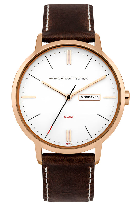 French Connection Newgate 39mm White Dial Brown Leather Strap Watch