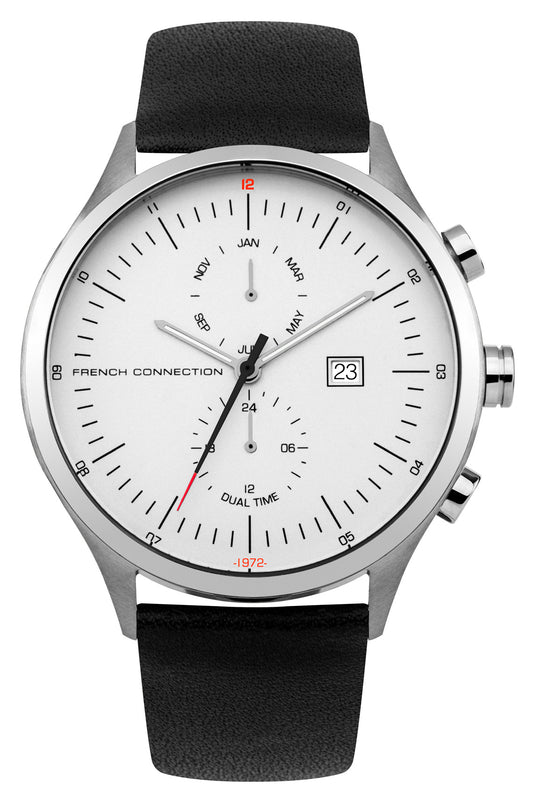 French Connection Kensington Grand 44mm White Dial Black Leather Strap Watch