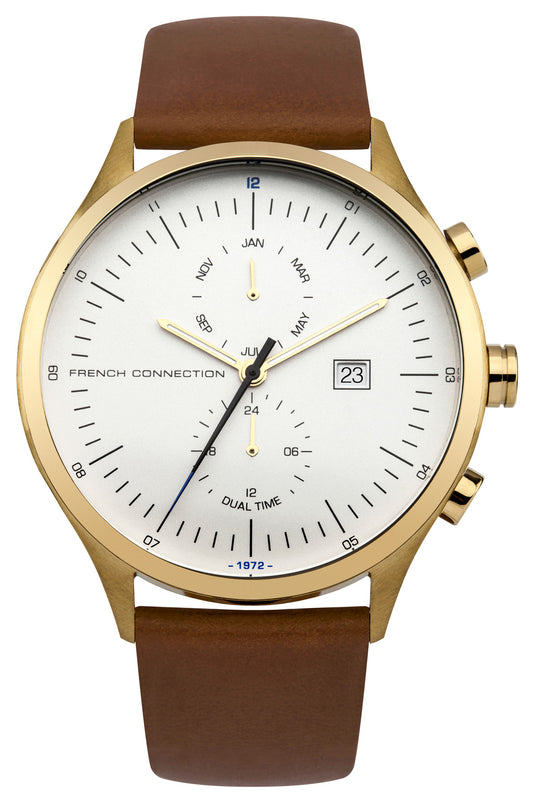 French Connection Kensington Grand 42mm White Dial Tan Leather Strap Watch