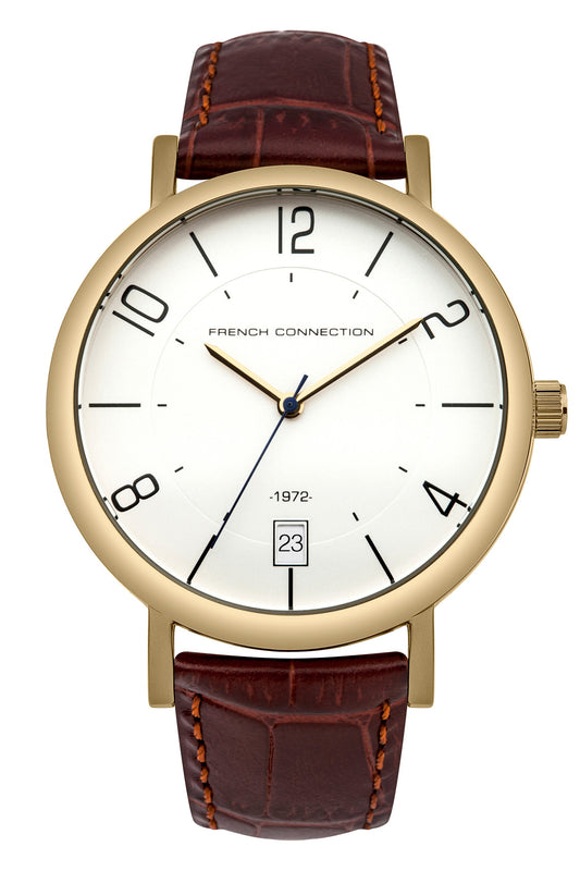 French Connection Gents 42mm White Dial Tan Leather Strap Watch