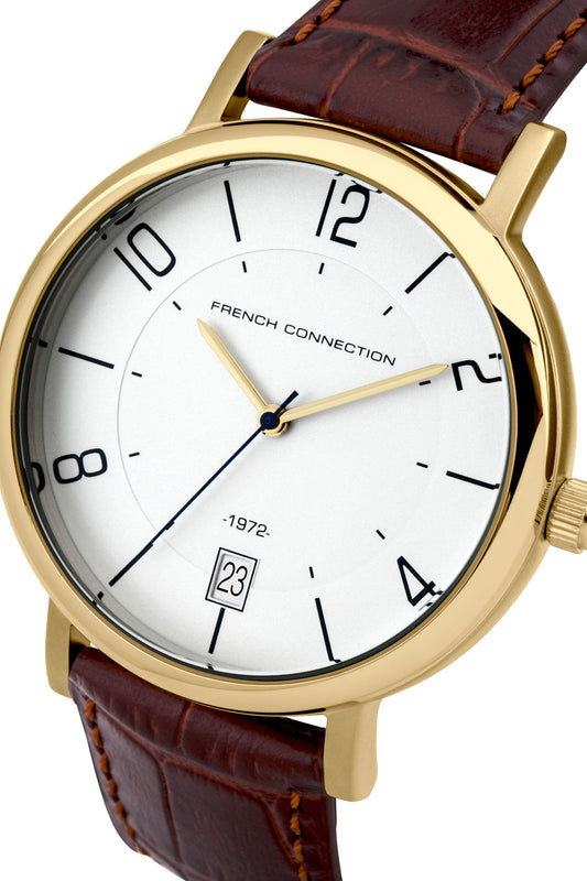 French Connection Gents 42mm White Dial Tan Leather Strap Watch