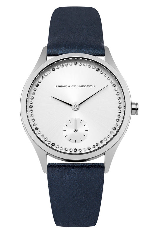 French Connection Louisa 35mm Silver Dial Blue Pearlised Leather Strap Watch