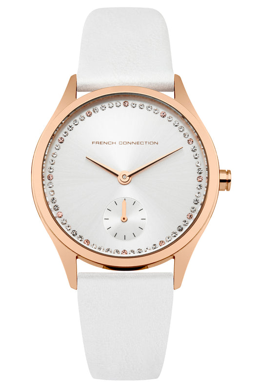 French Connection Louisa 35mm Silver Dial White Leather Strap Watch
