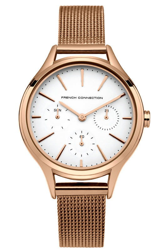 French Connection Daisy Grand 36mm White Dial Rose Gold Mesh Strap Watch