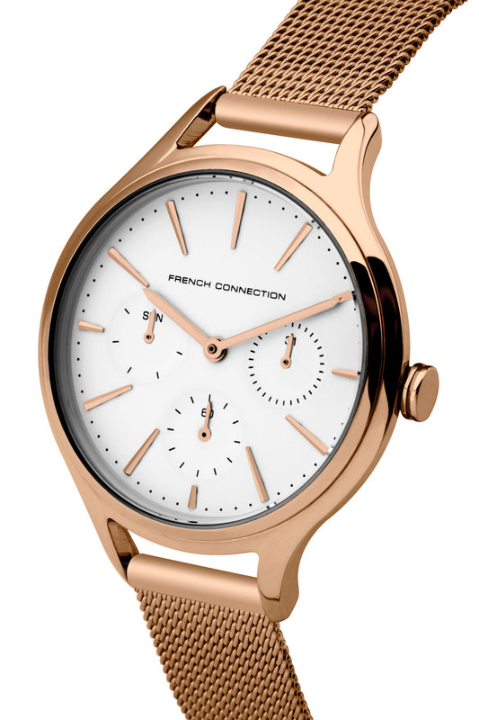 French Connection Daisy Grand 36mm White Dial Rose Gold Mesh Strap Watch