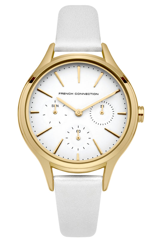 French Connection Daisy Grand 36mm White Dial White Leather Strap Watch