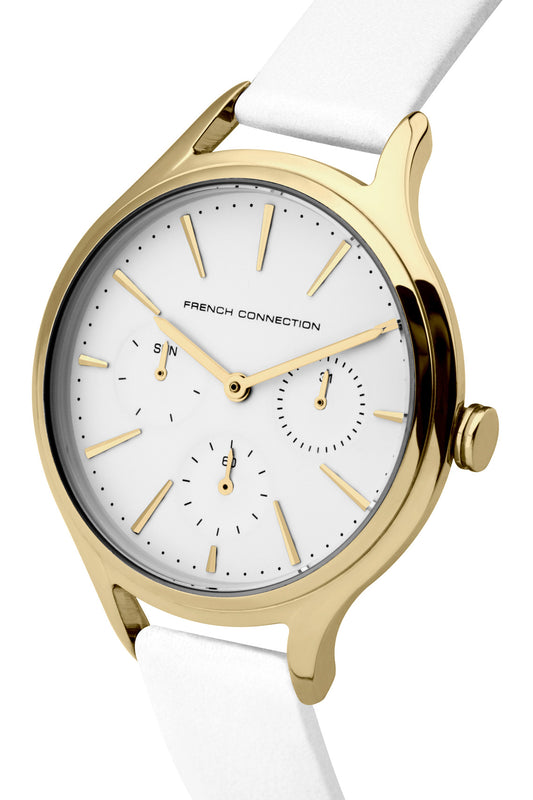 French Connection Daisy Grand 36mm White Dial White Leather Strap Watch