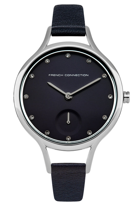 French Connection 32mm Black Dial with Diamond Indexes Black Leather Strap Watch