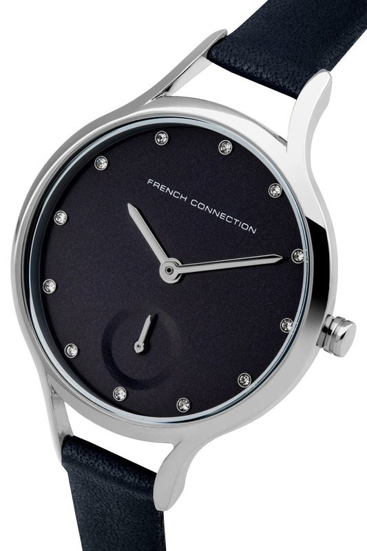 French Connection 32mm Black Dial with Diamond Indexes Black Leather Strap Watch