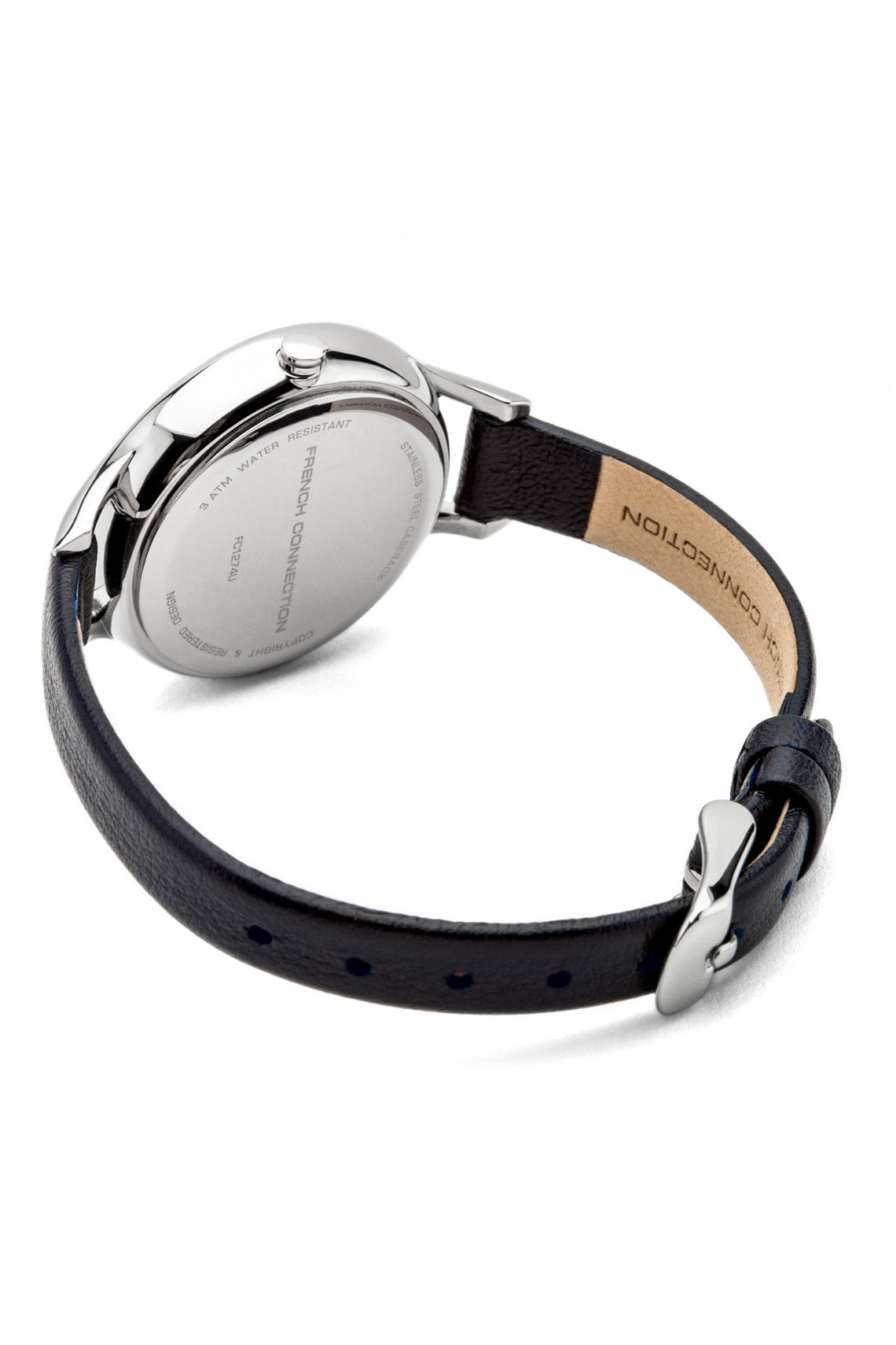 French Connection 32mm Black Dial with Diamond Indexes Black Leather Strap Watch