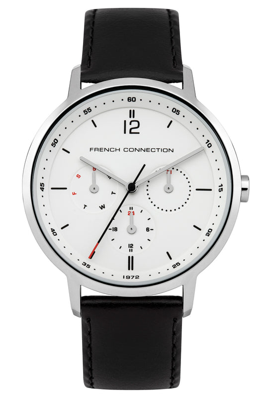 French Connection Gents 39mm White Dial Black Leather Strap Watch