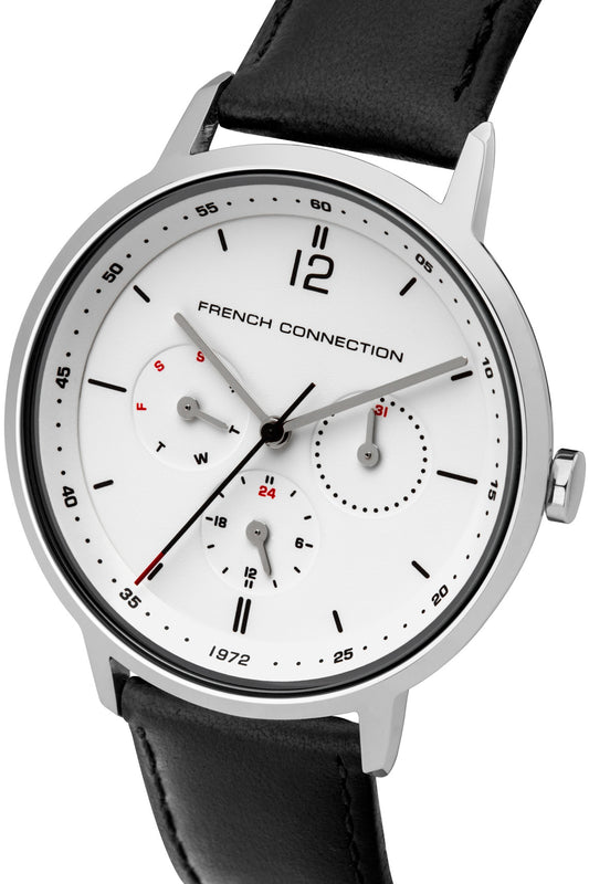 French Connection Gents 39mm White Dial Black Leather Strap Watch