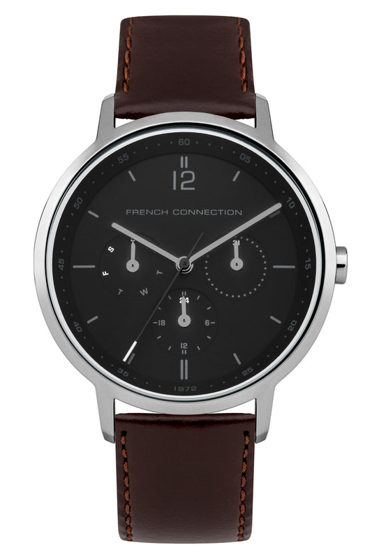 French Connection Newgate 39mm Black Dial Brown Leather Strap Watch