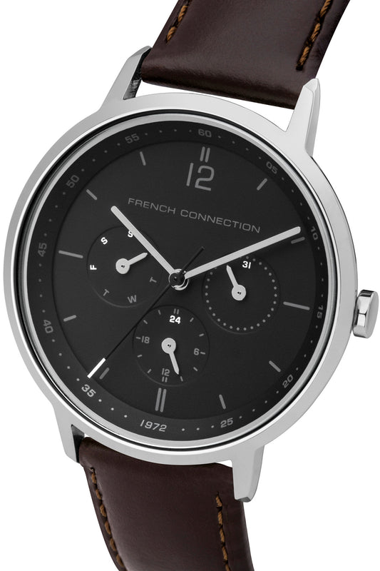 French Connection Newgate 39mm Black Dial Brown Leather Strap Watch