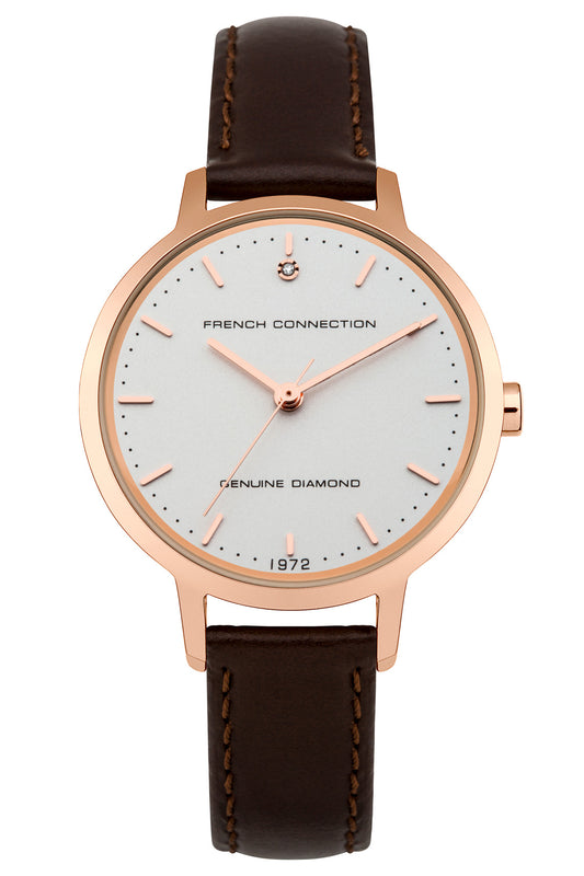 French Connection Newgate 30mm White Dial Brown Leather Strap Watch