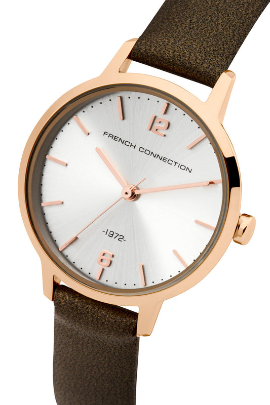 French Connection Ladies 31mm Grey Dial Brown Leather Strap Watch