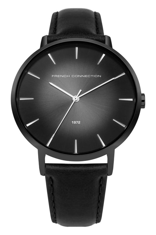 French Connection UK 43mm Silver Sunray Dial Black Leather Strap Watch