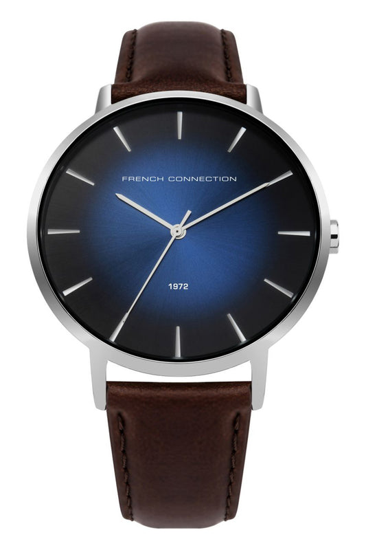 French Connection UK 43mm Black Blue Sunray Dial Brown Leather Strap Watch