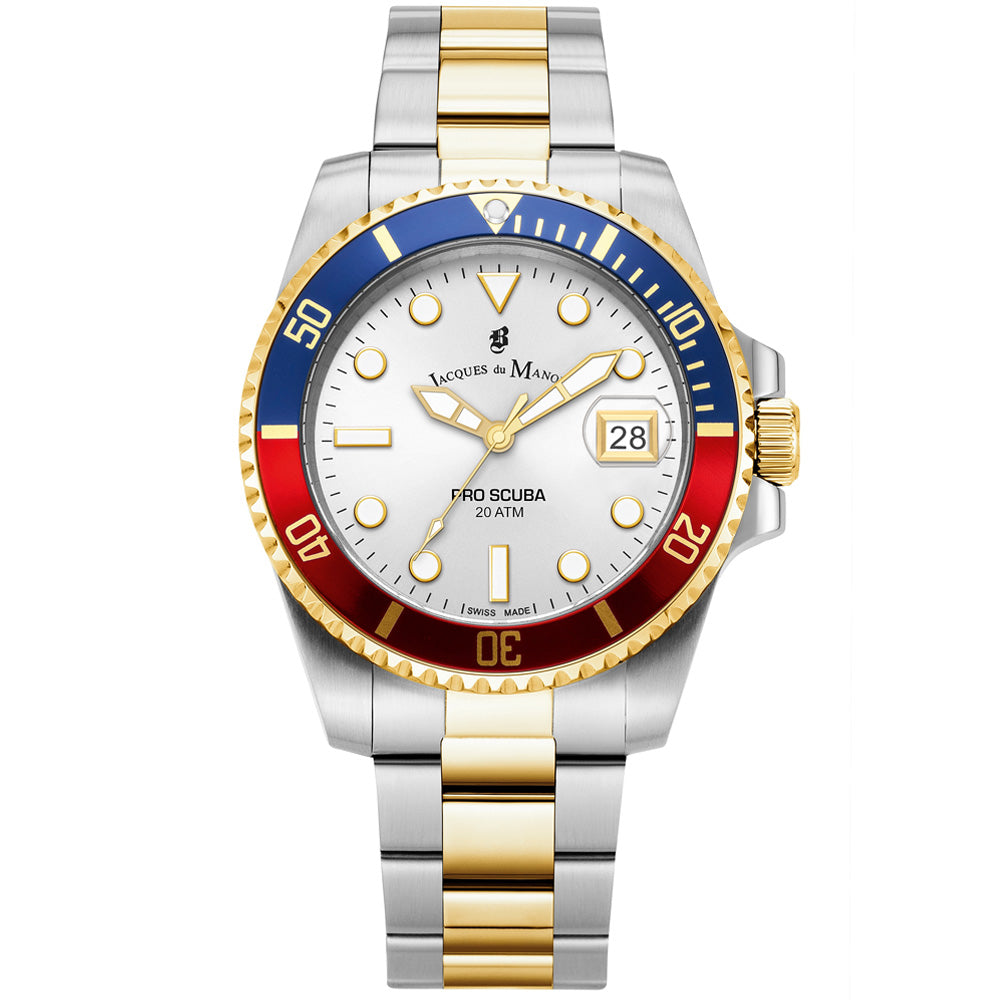 Jacques Du Manoir Swiss-Made Pro Scuba 43mm 200m Water Resistant Two Tone Red/Blue Bezel Watch