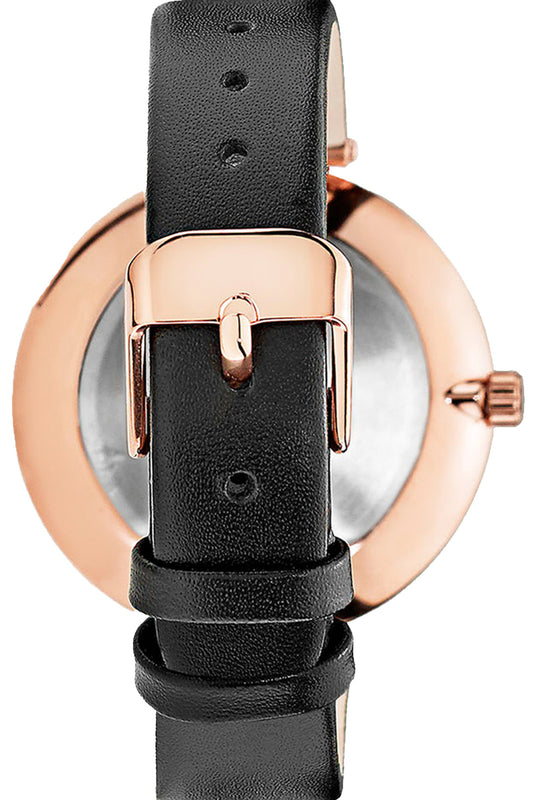 Mockberg Sigrid 34mm White Dial Rose Gold Case Black Leather Strap Watch