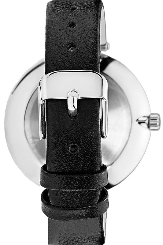 Mockberg Astrid 34mm White Dial Silver Case Black Leather Strap Watch