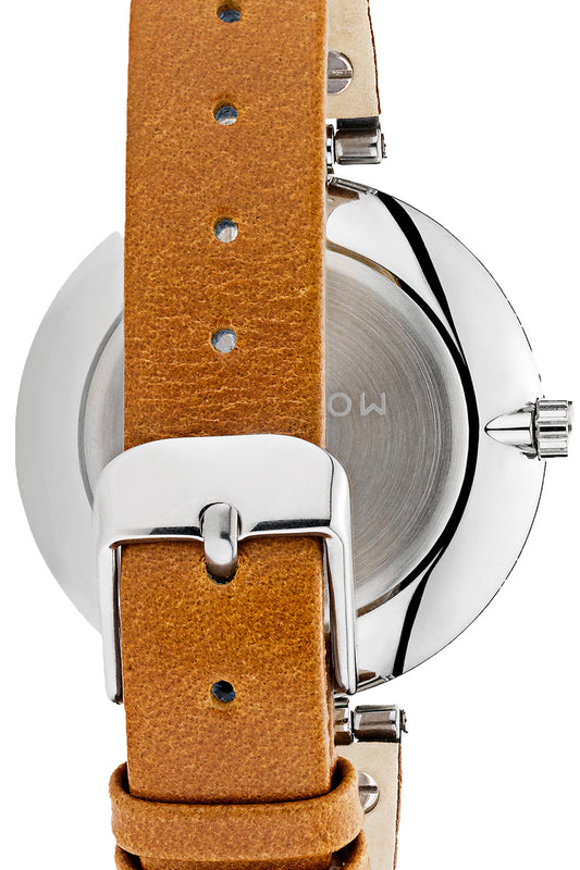 Mockberg Wera 34mm White Dial Silver Case Brown Leather Strap Watch