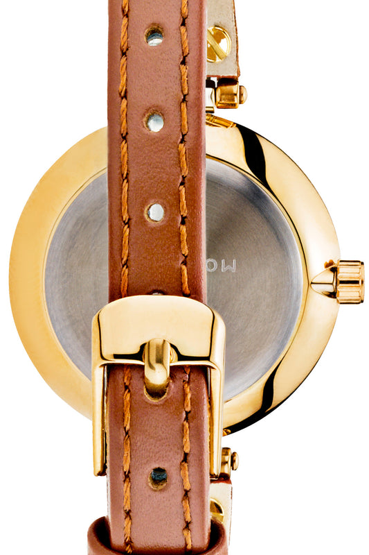 Mockberg Nora Petite 28mm White Dial Gold Case Brown Leather Watch
