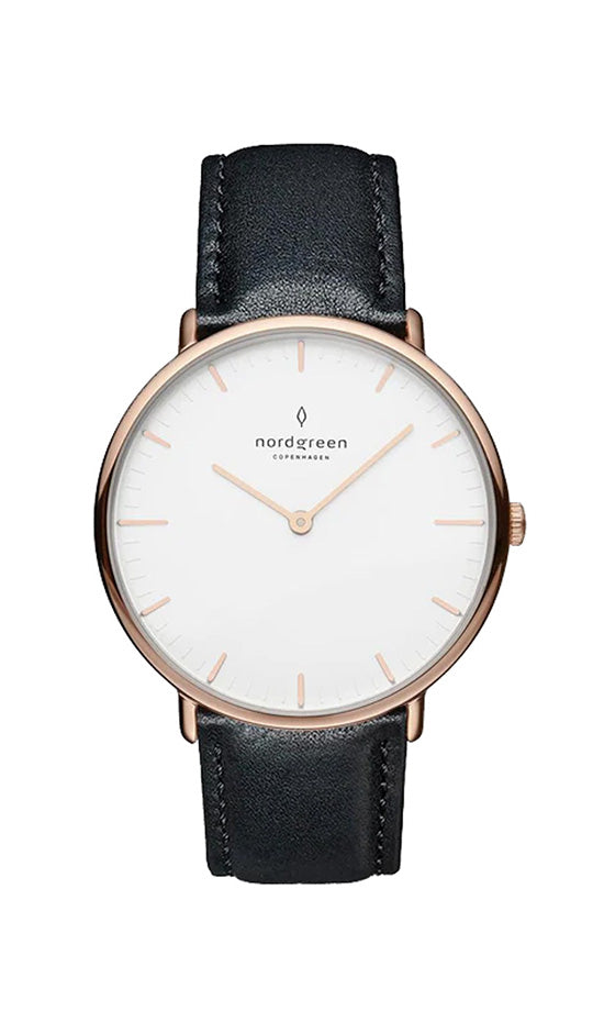 Nordgreen Native 32mm Rose Gold Case Black Leather Strap Watch