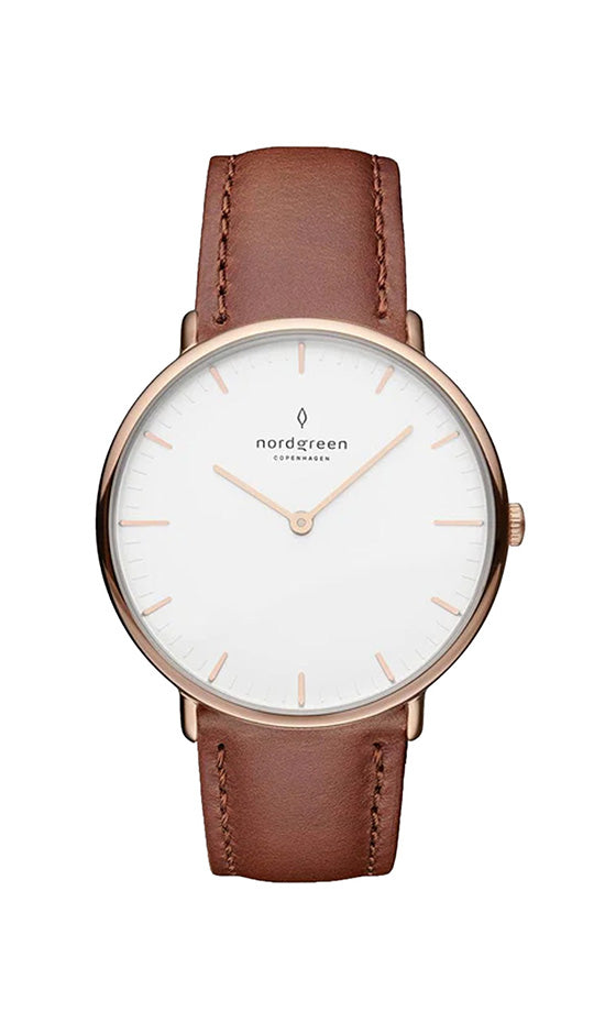 Nordgreen Native 32mm Rose Gold Case Brown Leather Strap Watch