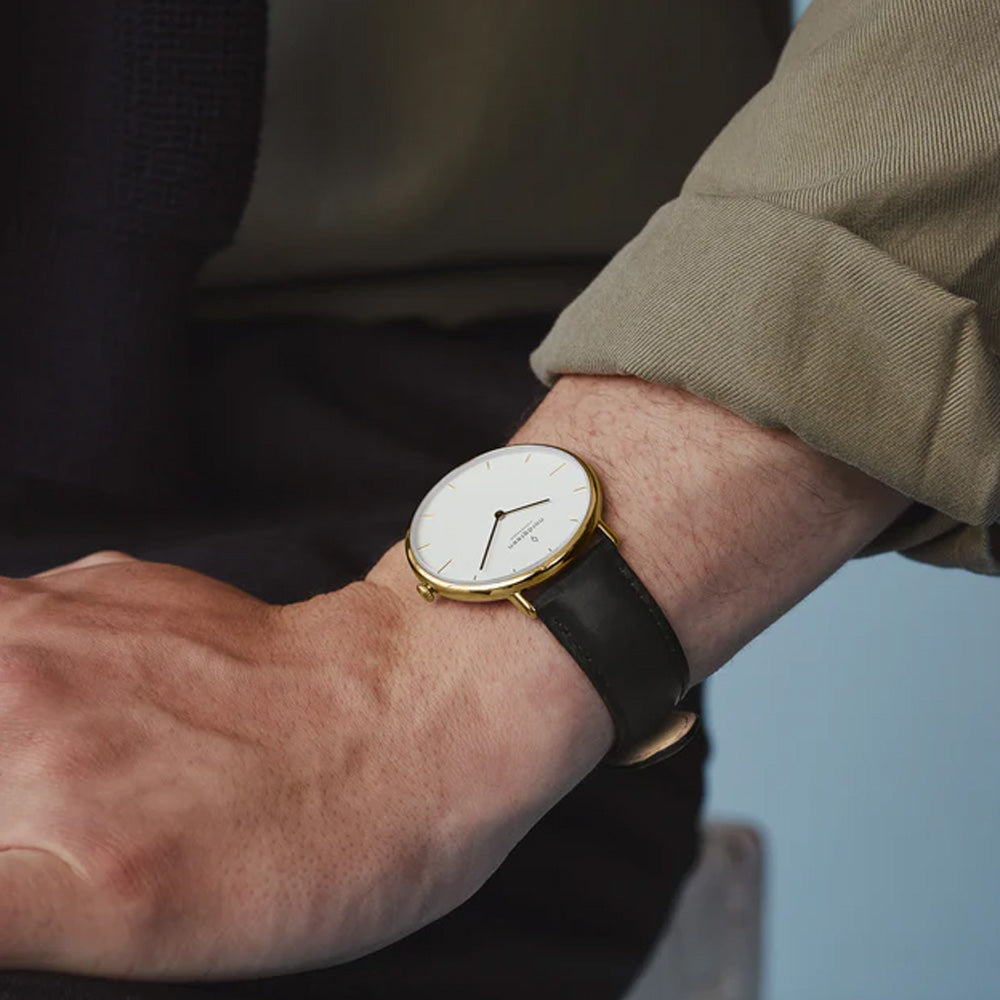 Nordgreen Native 36mm Yellow Gold Case Black Leather Strap Watch